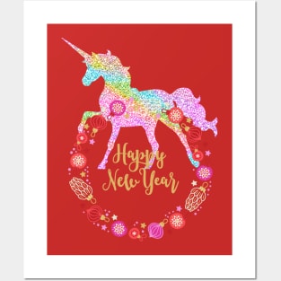 Rainbow Unicorn New Year Holiday Wreath Posters and Art